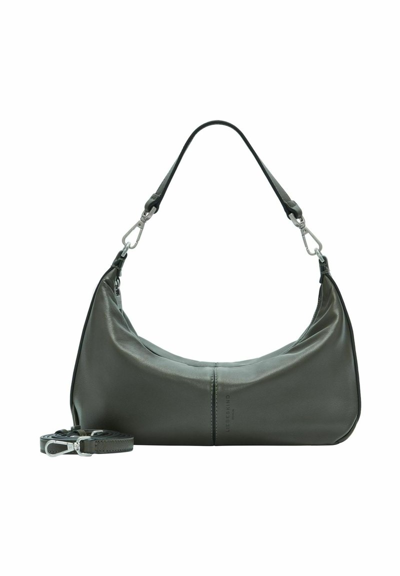 Borsa a tracolla in pelle grigia scura con tracolla rimovibile e ganci in argento, caratterizzata da una sottile cucitura verticale al centro.