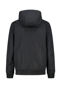 Black jacket with a hood, made of smooth, water-resistant material. Features elastic cuffs and a hem, plain back design without embellishments.