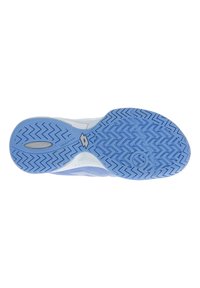 Tennis shoe outsole in blue and white. Features a textured, herringbone pattern for traction and a logo on the midsole.