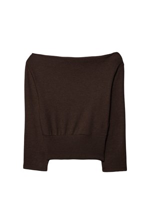 Brązowa krótka bluza z dekoltem odsłaniającym ramiona, prążkowanym wykończeniem i gładką fakturą. Posiada długie rękawy i dopasowany krój.