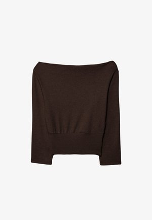 Smeđa skraćena sweat majica s izrezom koji pada s ramena, rebrastim rubom i glatkom teksturom. Ima duge rukave i prilagođeni kroj.