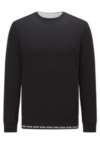 Sudadera negra de mezcla de algodón suave, con cuello redondo, mangas largas y una banda acanalada en la parte inferior con el logo "BOSS" repetido.