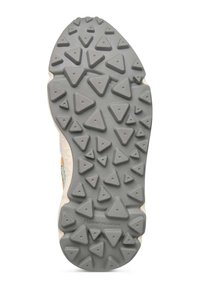 Suela de zapatilla de goma gris con tacos triangulares para tracción; presenta un borde crema. Logo de "Flower Mountain" impreso en la suela.