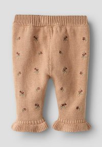 Beezhknitistest püksid punase ja rohelise lillemustriga tikandiga. Omavad soonikkoes vöökohta ja volangiga ääriseid. Pehme tekstuur, vormis siluett.