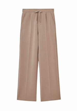 Beige széles lábú nadrág elasztikus derékkal, oldalsó zsebekkel és sima textúrával. Húzózsinórral rendelkezik az állítható illeszkedés érdekében.