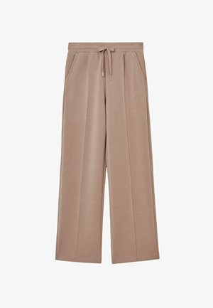 Béžové nohavice s širokými nohavicami, elastickým pásom, bočnými vreckami a hladkým povrchom. Majú šnúrku na nastavenie veľkosti.