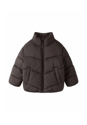 Veste d'hiver matelassée marron foncé avec col montant, fermeture éclair à l'avant et poches latérales, conçue pour la chaleur et le confort.
