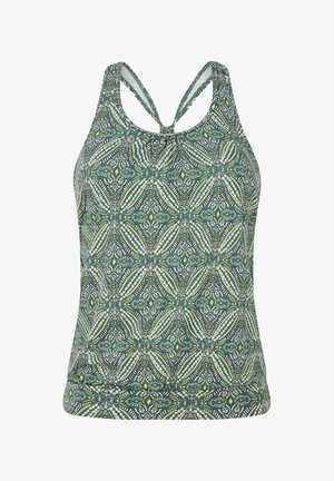 Raštuotas žalias tankinis su kryžminiu diržo dizainu, puošiamas gėlėmis baltais ir geltonais akcentais ant tekstūruoto audinio.