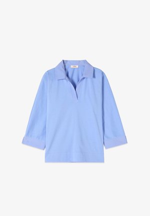 Light blue long-sleeve shirt with a wide collar and V-neck opening, featuring cuffed sleeves and a straight hem.