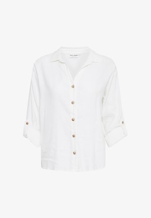 Camisa blanca de manga larga hecha de una mezcla de algodón. Presenta un collar, mangas enrolladas y botones en tono dorado a lo largo del frente y en los puños.