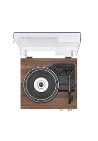Tocadiscos con una base de madera, plato negro, cubierta de polvo transparente y acentos en tono plateado. Cuenta con un brazo de tono y puertos de entrada.