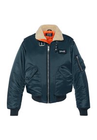 Navy bomberjack met een beige nepbont kraag, oranje voering, ritssluiting aan de voorkant, twee zijzakken en een ritszak op de linkermouw.