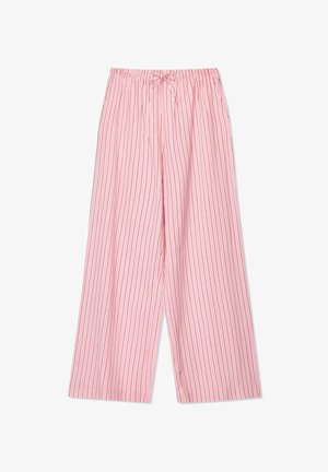 Lyserøde stribede buks med bred benvidde, elastisk talje og snor. Stoffet ser let ud med lodrette striber i en mørkere lyserød nuance.