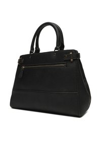 Borsa a tracolla in pelle nera con superficie texturizzata, manici superiori doppi, una tasca frontale con cerniera e accenti in metallo. La base è ampia per garantire stabilità.