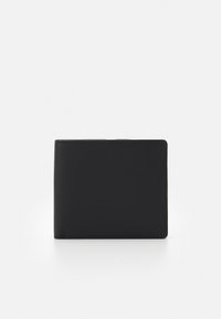 Black leather wallet with a smooth texture, folded design, subtle stitching, and embossed logo on the lower right corner.