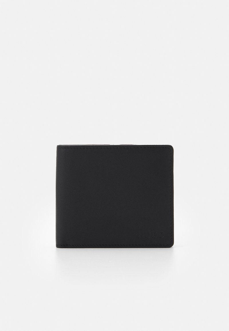 Black leather wallet with a smooth texture, folded design, subtle stitching, and embossed logo on the lower right corner.