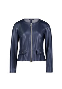 Navy-blaues Kunstlederjackett mit runder Halslinie, Frontreißverschluss, zwei knopfverschlossenen Taschen und einer taillierten Passform, die an der Taille leicht ausgestellt ist.
