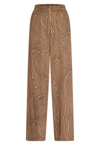 Beige wide-leg pants with black wave pattern, elastic waistband, and smooth texture. Suitable for casual or relaxed wear.