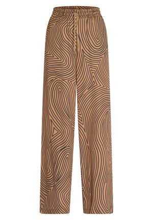 Beige weite Hosen mit schwarzem Wellenmuster, elastischem Bund und glatter Textur. Geeignet für legere oder entspannte Kleidungsstile.
