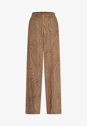 Beige weite Hosen mit schwarzem Wellenmuster, elastischem Bund und glatter Textur. Geeignet für legere oder entspannte Kleidungsstile.