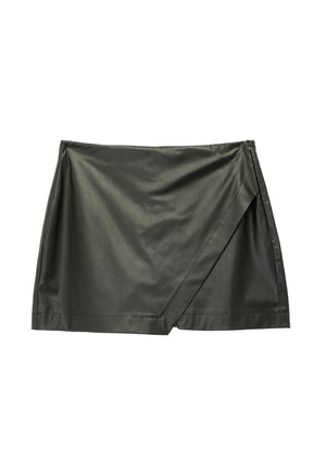 Black faux leather mini skirt with a smooth texture, diagonal wrap design, and a concealed side zipper for closure.