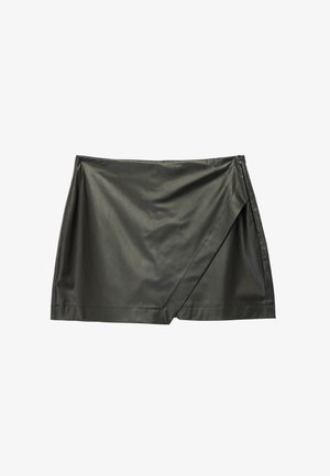Black faux leather mini skirt with a smooth texture, diagonal wrap design, and a concealed side zipper for closure.