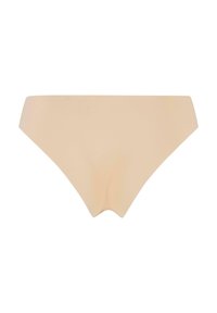 Testvér színű bikini alsó, sima, rugalmas anyagból; V-alakú elülső résszel és mérsékelt takarású kialakítással rendelkezik.