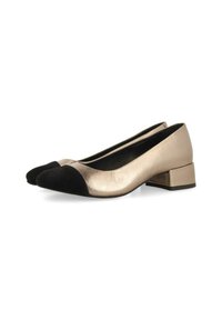 Ballerines métalliques dorées avec un capuchon en suède noir et un petit talon carré. Texture en cuir lisse avec des couleurs contrastantes. Design à bout rond.
