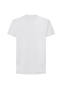 Valkoinen lyhythihainen T-paita takaapäin kuvattuna, jossa on pyöreä pääntie eikä näkyvää brändiä tai kuviota.