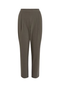 Pantalon taille haute olive fuselé avec des plis à l'avant et une ceinture lisse, conçu pour une coupe ajustée.
