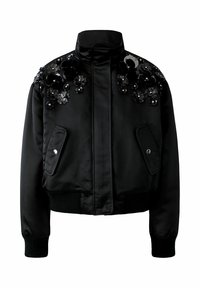 Schwarze Bomberjacke aus Satin mit floralen Verzierungen. Mit hohem Kragen, Reißverschluss vorne sowie gerippten Bündchen und Saum.