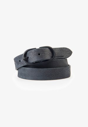 Leather belt in dark grey with a textured finish. Features a simple black metal buckle and clean edges, coiling slightly at the end.