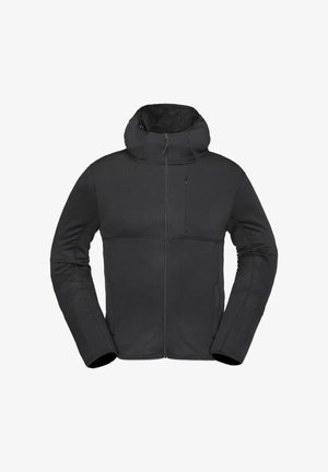 Sort isoleret jakke med et tekstureret mønster, høj krave, frontlynlås og en lille lynlås-lomme på brystet. Blødt materiale.