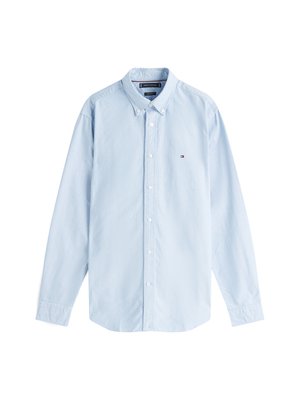 Light blue long-sleeve button-up shirt, cotton material, traditional collar, single chest logo, and buttoned cuffs with a straight hem.