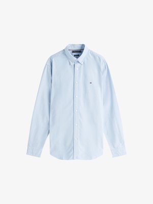 Light blue long-sleeve button-up shirt, cotton material, traditional collar, single chest logo, and buttoned cuffs with a straight hem.