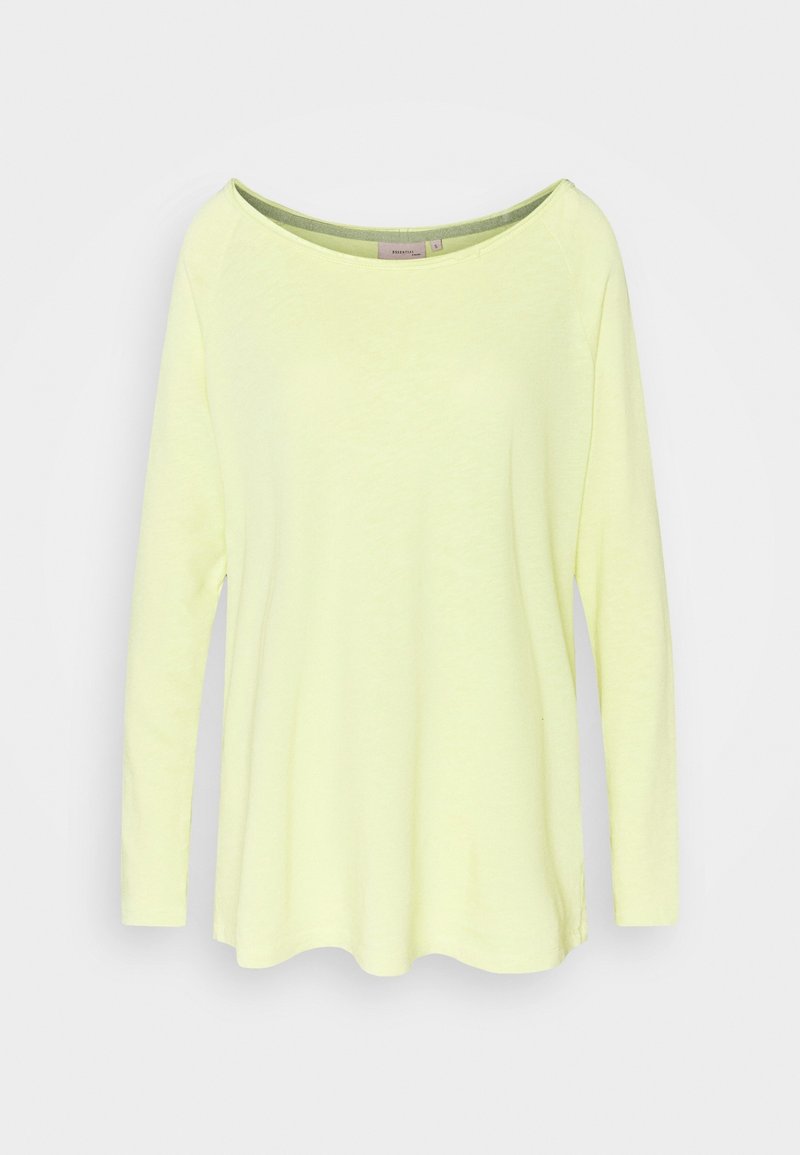 Long-sleeve top in bright yellow, made of lightweight fabric with a rounded neckline and side slits for added movement and comfort.