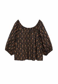 Sort bluse med puffede ærmer, med et blomstermønster i orange og guld. Blødt stof med en vid halsudskæring og løs pasform.