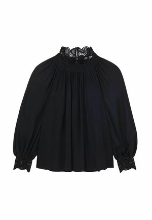 Zwarte blouse met lange mouwen, een hoge kraag van kant en kanten manchetten, losse pasvorm met geplooid materiaal op de schouders en mouwen.