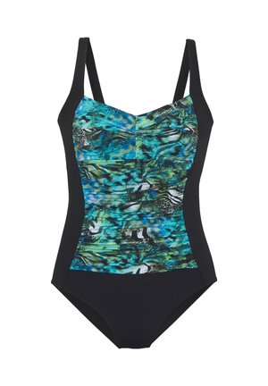 Schwarzer Badeanzug mit einem bunten, blau-grünen, abstrakten Muster auf der Vorderseite. Verfügt über verstellbare Träger und ein strukturiertes Oberteil-Design.