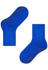Calcetines de algodón azules con una superficie texturizada. Las suelas tienen puntos de silicona redondeados para un mejor agarre y un puño acanalado para un ajuste seguro.