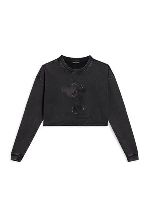 Sweatshirt noir cropped en tissu doux, avec un design subtil de Mickey Mouse et des lettres, à manches longues et col rond.
