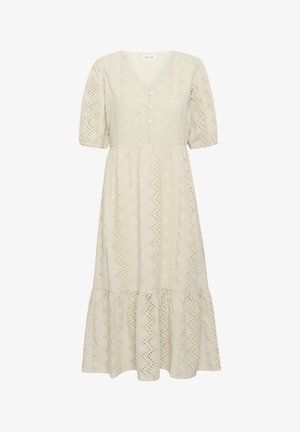 Kremna midi obleka z V-izrezom, kratkimi napihnjenimi rokavi in teksturiranim zigzag vzorcem. Ima zapiranje na gumb in plasten položaj z nabranim robom.