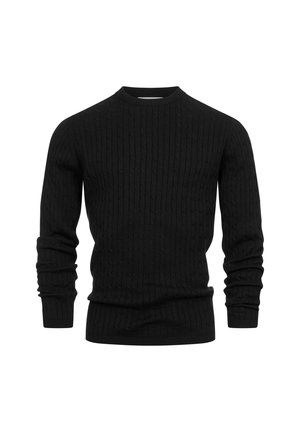Schwarzer gestrickter Pullover mit geripptem Muster, rundem Ausschnitt und langen Ärmeln. Besitzt ein tailliertes Design um die Bündchen und die Taille.