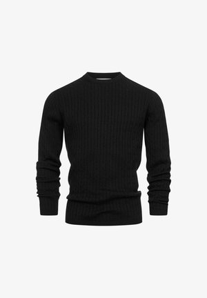 Czarny sweter dzianinowy z prążkowaną teksturą, okrągłym dekoltem i długimi rękawami. Posiada dopasowany krój w okolicach mankietów i talii.