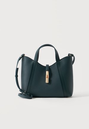 Sac à main en cuir vert foncé avec deux poignées supérieures, bandoulière réglable et fermeture à fermoir doré au centre avant.