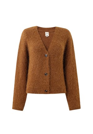 Bruine gebreide cardigan met een V-hals, lange mouwen en vier knopen aan de voorkant. Gemaakt van textuurgarens, biedt het een zachte, gezellige uitstraling.