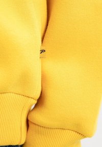 Felpa gialla con polsini a costine. Consistenza morbida, etichetta visibile con una lettera nera. Design semplice e informale, vista ravvicinata della manica.