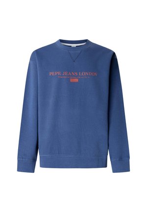 Sudadera azul con cuello redondo, puños acanalados y dobladillo inferior. Presenta texto rojo "PEPE JEANS LONDON" y detalles de fundación en el frente.