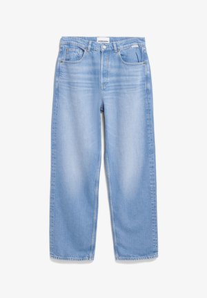 Hellblaue Jeans aus Denim mit lockerem Schnitt, die fünf Taschen, Gürtelschlaufen und minimale Verblassung aufweisen. Gerades Bein Design und klassische Nähte.