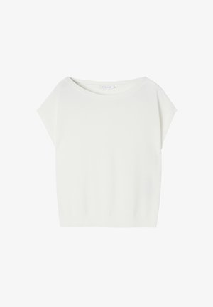 Fehér, rövid fazonú póló, puha szövetből készült, széles nyakkivágással és rövid ujjal. Simaság jellemzi, minimalista dizájnnal.